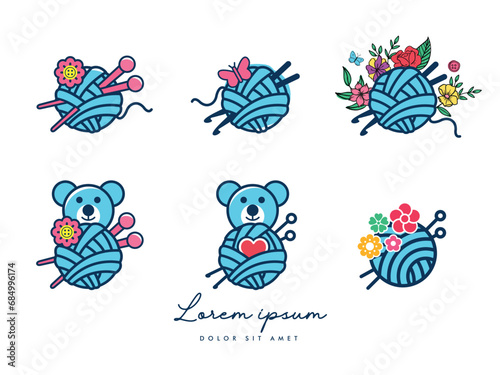 Vector knitted yarn ball logo and icon design set. Knitted plush teddy themed logo and icons. (ID: 684996174)