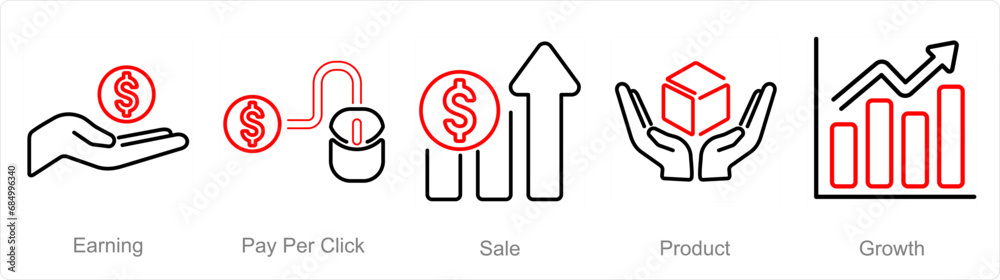 A set of 5 digital marketing icons as earning, pay per click, sale A set of 5 digital marketing icons as earning, pay per click, sale