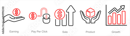 A set of 5 digital marketing icons as earning, pay per click, sale