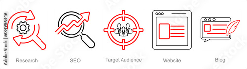 A set of 5 digital marketing icons as research, seo, target audience