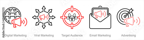 A set of 5 digital marketing icons as digital marketing, viral marketing, target audience