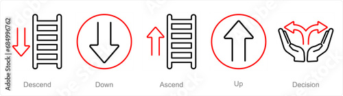 A set of 5 Direction icons as descend, down, ascend