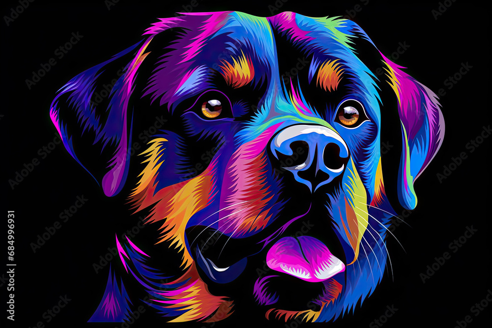 Portrait, isolated on black of a colourful, art style Rottweiler dog