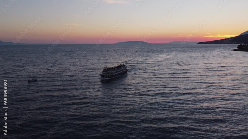 Aerial View of Ship Sailing in Croatia's Part of the Adriatic Sea at the Sunset Aerial View of Ship Sailing in Croatia's Part of the Adriatic Sea at the Sunset