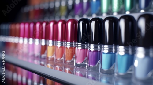 A colorful array of nail polishes neatly lined up, glistening under bright studio lighting.