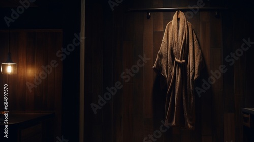 A luxurious robe hanging on a polished wooden hook in a dimly lit spa room,