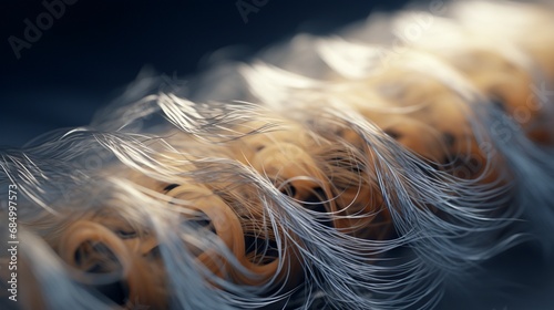 A macro image capturing the texture and details of hair wrapped around a roller. photo