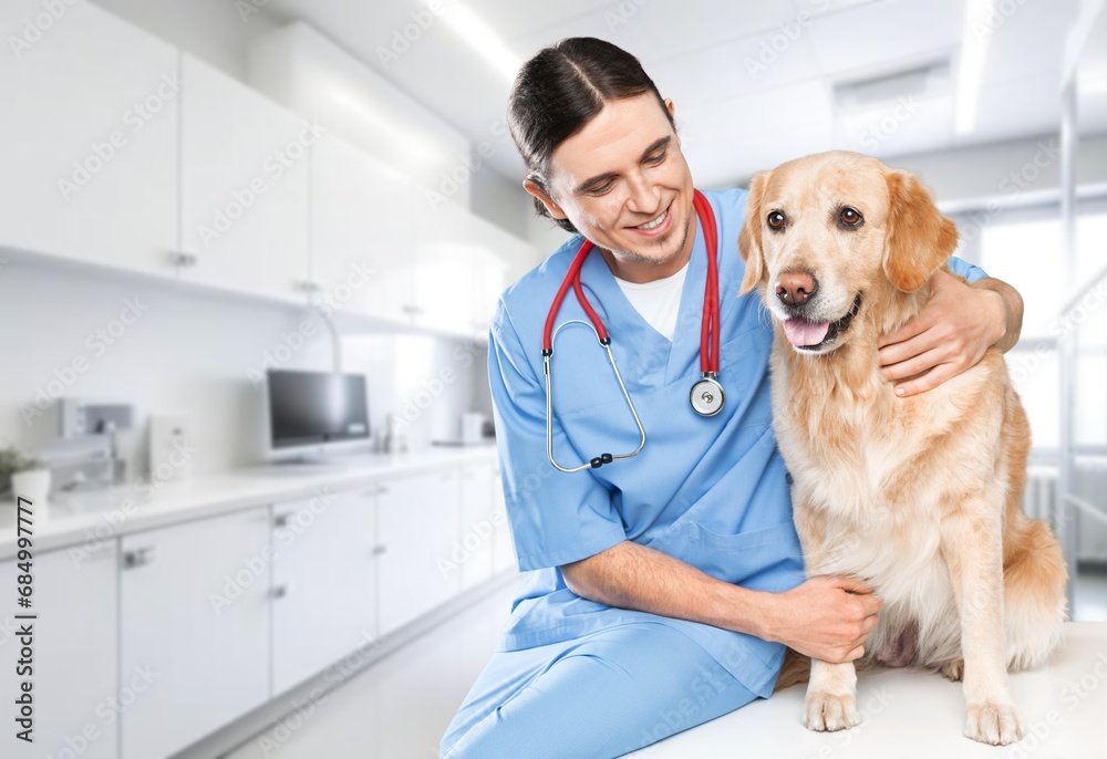 Happy vet doctor in uniform with little dog