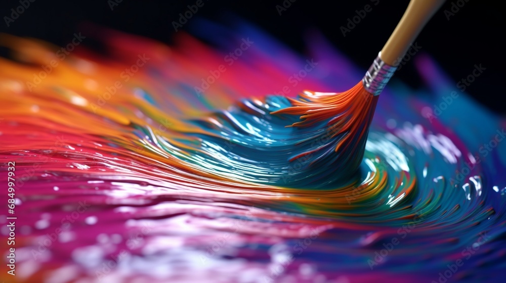 A macro shot of a paintbrush lightly touching the surface of a hair color bowl, creating mesmerizing ripples in the vivid dye.