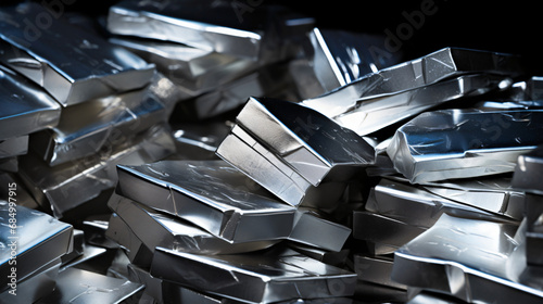 Heap of shiny aluminum billets in factory photo