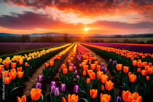 A breathtaking sunrise over a panoramic landscape filled with tulips, daffodils, and irises, painting the scene in hues of orange, pink, and purple.