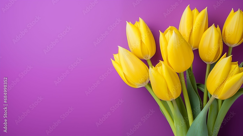 Yellow tulip flowers on purple background, AI-generated.