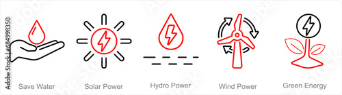 A set of 5 Ecology icons as save water, solar power, hydro power