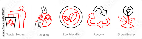 A set of 5 Ecology icons as waste sorting, pollution, eco friendly