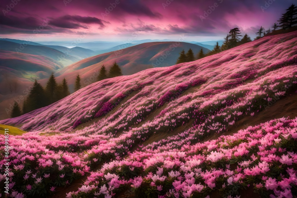 A hillside covered in blankets of pink, purple, and white azaleas, creating a picturesque scene against a backdrop of distant rolling hills.