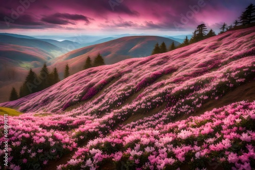 A hillside covered in blankets of pink, purple, and white azaleas, creating a picturesque scene against a backdrop of distant rolling hills.