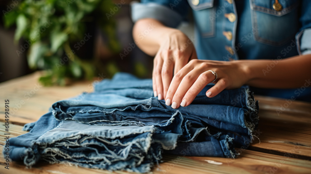 Woman hands reusing old jeans