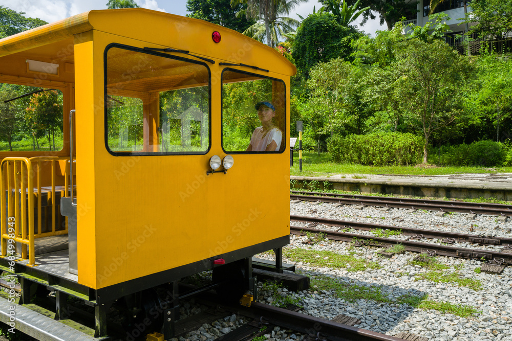 Naklejka premium Woman sitting in the yellow retro train cart