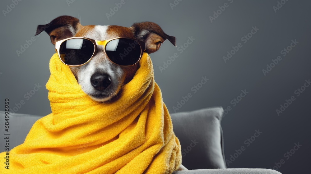 Jack Russell dog with yellow towel and sunglasses