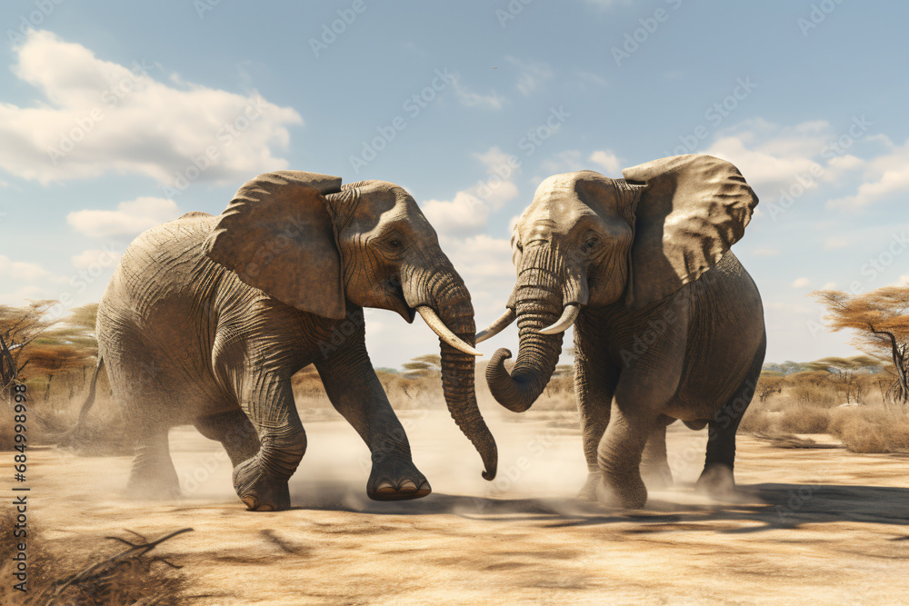 Male elephants fight each other - obrazy, fototapety, plakaty 