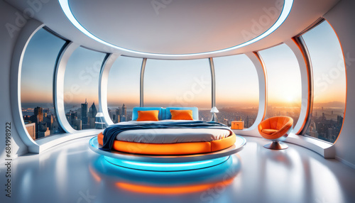 Vue panoramique sur la ville depuis une chambre au design futuriste photo