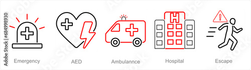 A set of 5 Emergency icons as emergency, aed, ambulance