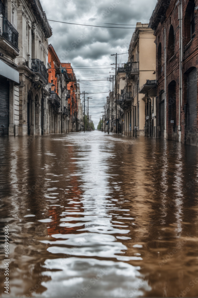 Vue sur une rue en ville submergée par les eaux lors d'une inondation