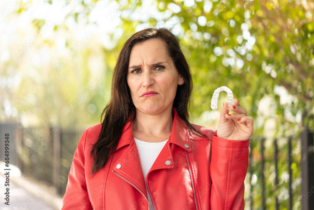 Middle aged woman holding invisible braces at outdoors with sad expression Middle aged woman holding invisible braces at outdoors with sad expression