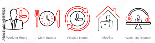 A set of 5 Employee Benefits icons as working hours, meal breaks, flexible hours