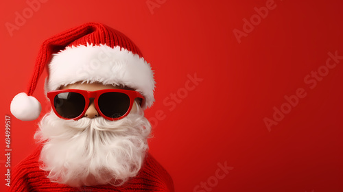 Choose winter season sales. Close up photo of cool stylish trendy santa indicate discount shopping bargain wear eyeglasses eyewear cap hat isolated over red background
 photo