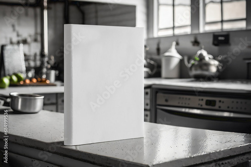 Hardcover book with blank cover. On a kitchen table. Space for text. photo