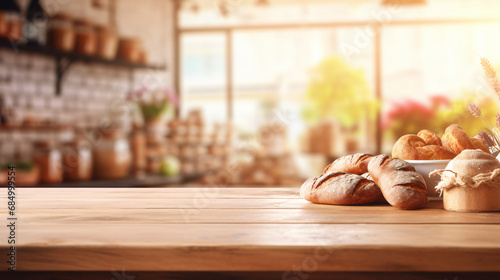 Wooden counter top with bakery shop