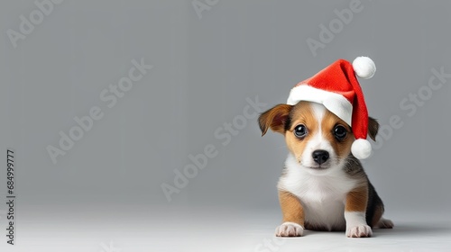 Little young dog in Christmas hat greeting New Year © lara