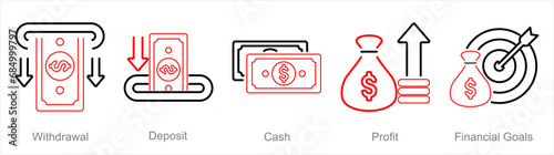 A set of 5 Finance icons as withdrawal, deposit, cash