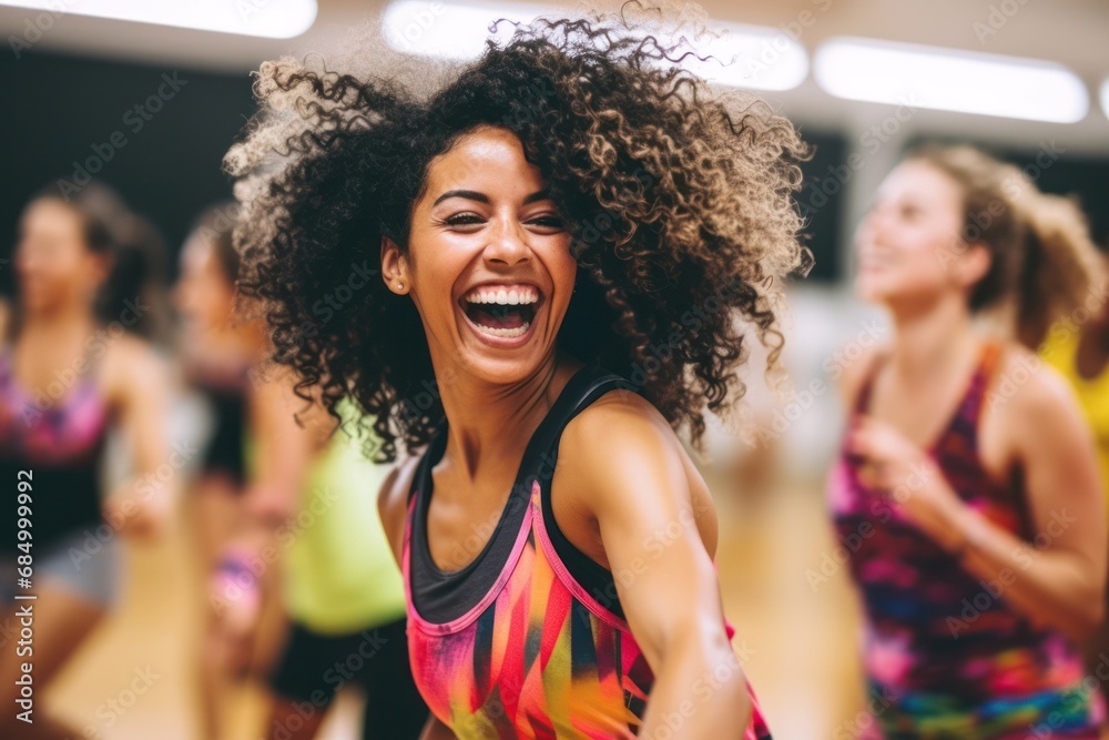 portrait of smiling woman dancing zumba training and working out. Group training, fitness, dancing