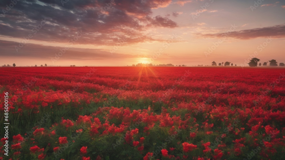 Summer Sunset Over Red Roses  Field,  Nature's Canvas Aglow.