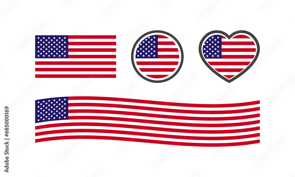 National flag of America. Flat, color, national flag of America in the shape of a square, circle, heart. America flag for design. Vector icons National flag of America. Flat, color, national flag of America in the shape of a square, circle, heart. America flag for design. Vector icons