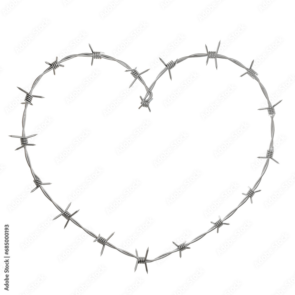 Witness the fusion of toughness and tenderness as barbed wire intertwines to create a heart shape in this 3D illustration, available in PNG format with a transparent background.