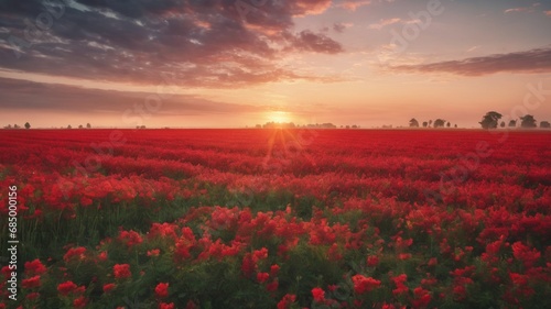 Summer Sunset Over Red Roses Field, Nature's Canvas Aglow.