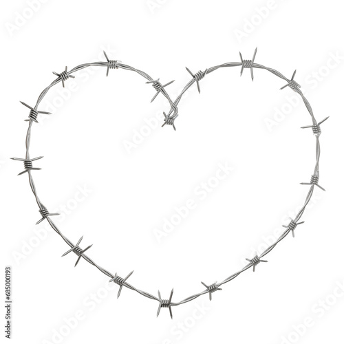 Witness the fusion of toughness and tenderness as barbed wire intertwines to create a heart shape in this 3D illustration, available in PNG format with a transparent background. photo