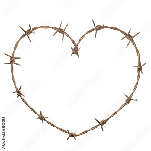 Billede på lærred Behold the rustic allure as weathered metal barbed wire weaves into an intertwined heart shape in this 3D illustration, available in PNG format with a transparent background