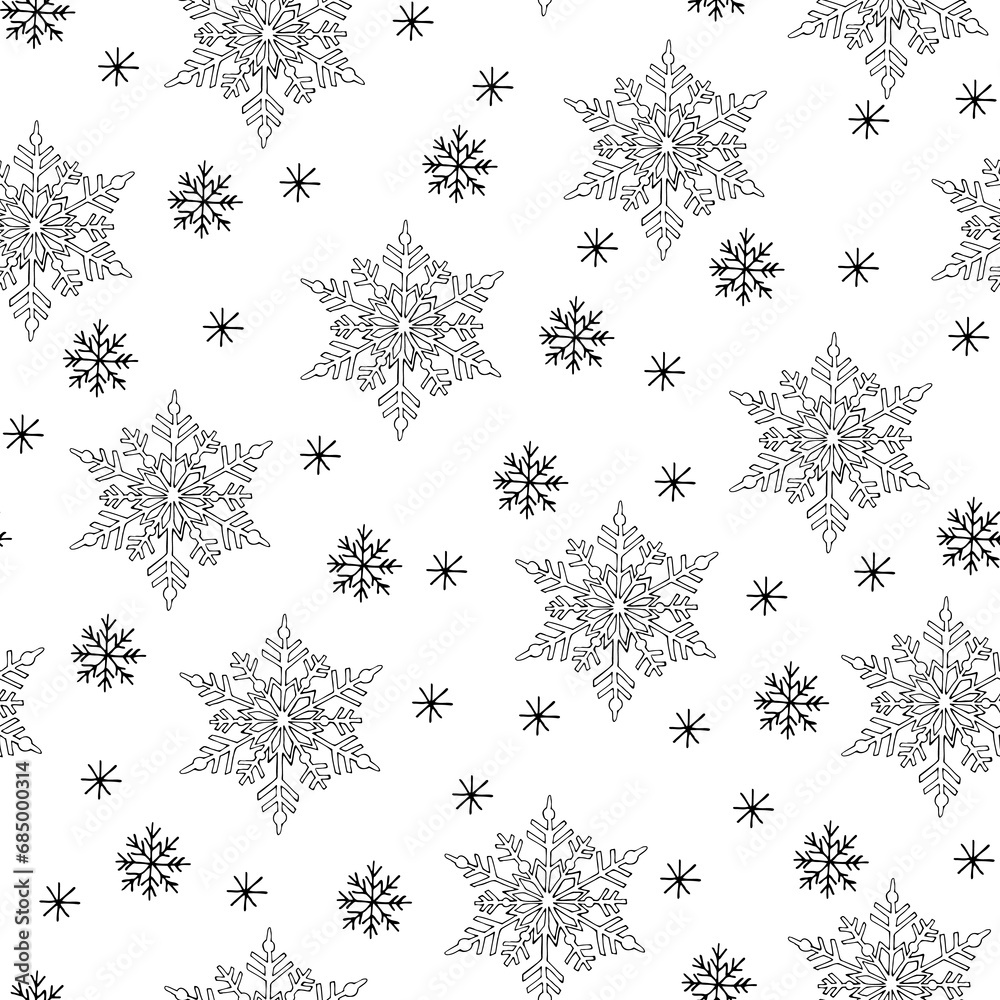 Seamless pattern of snowflakes doodle. Winter holiday decoration in sketch style. Hand drawn vector illustration