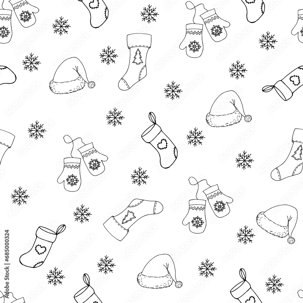 Naklejka premium Hand-drawn winter clothing. Seamless pattern. Endless ornament. Vector illustration in doodle style. Merry Christmas and Happy New Year. Black elements on a white background.