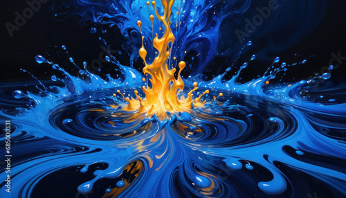 Vibrant blue and yellow paint splash with waves and drops on a black background