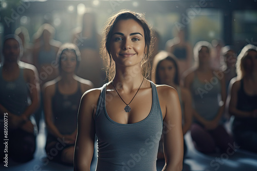 beautiful woman doing meditation in a yoga class