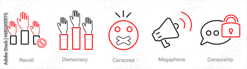 A set of 5 Freedom of Speech icons as revolt, democracy, censored