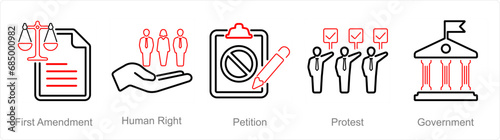 A set of 5 Freedom of Speech icons as first amendment, human right, petition