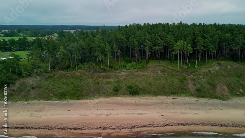 Steepbank shores coast, trees, rolling waves, and beach. Drone view photo