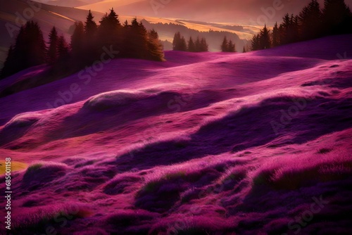 A rolling hillside covered in blankets of heather, their purple hues creating a dreamlike scene under the soft light of the setting sun.