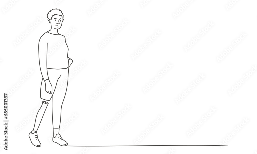 Woman with leg prosthesis standing.